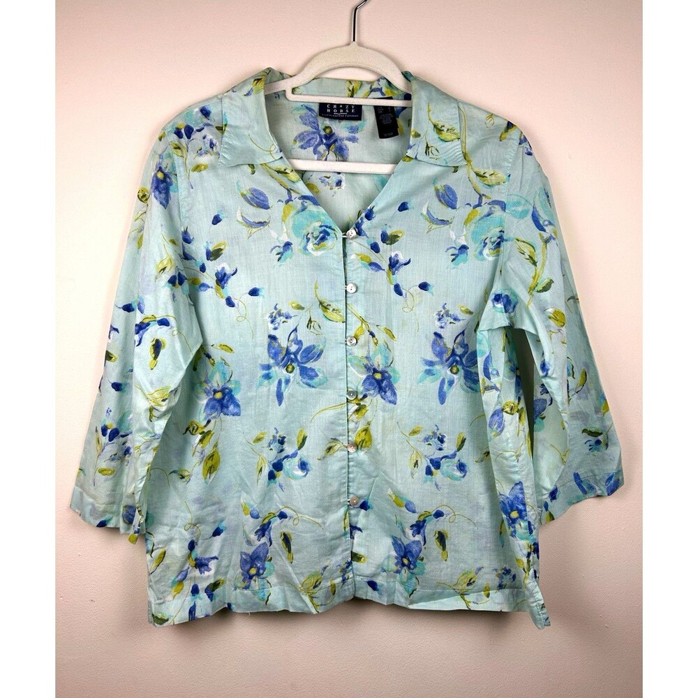 Vintage Crazy Horse 100% Cotton Blouse L Regular Blue/Green Floral Button-Up